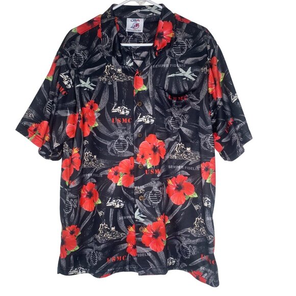 AE Sport Marines Semper Fi Hawaiian Shirt L USA Black Red Floral Military Button - Picture 1 of 9
